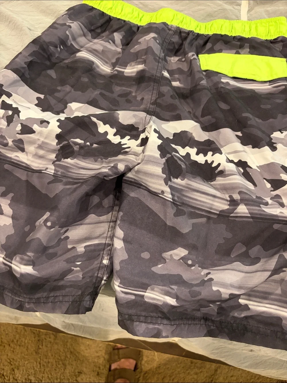 Men's Swim Trunks with Neon Yellow Waistband - Gray Camo
